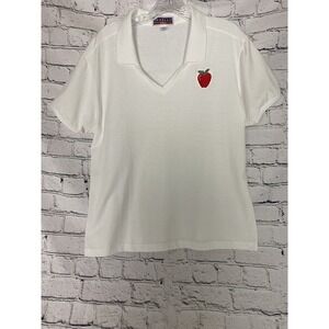 Jerzees Women's White XL Collared‎ V-Neck Apple Short Sleeve Top Teacher Style